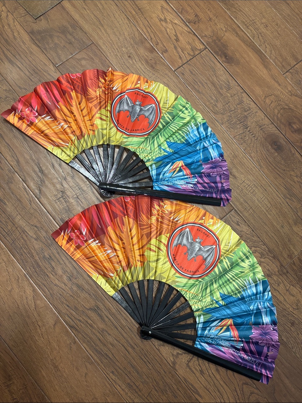 Bacardi HUGE Rainbow Bat Logo Folding Hand Fan - Multicolor Two Pack
